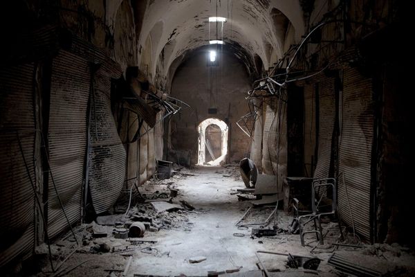 A once-busy souk near Aleppo's Umayyad Mosque lies in ruins.