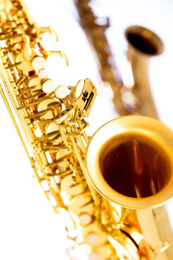 A close-up of a saxophone. 