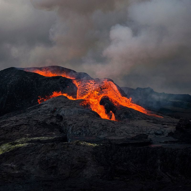 The Fagradalsfjall volcano in Iceland erupting with lava flowing out of it. This image was captured by Paolo Pellegrin on a Canon EOS R5.