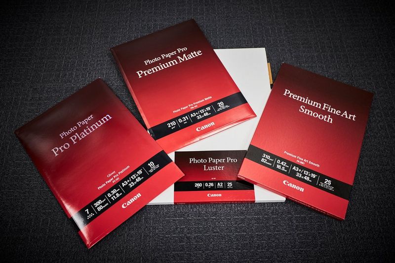 Подборка профессиональной фотобумаги Canon, включая Premium Matte, Pro Platinum и Fine Art Smooth.