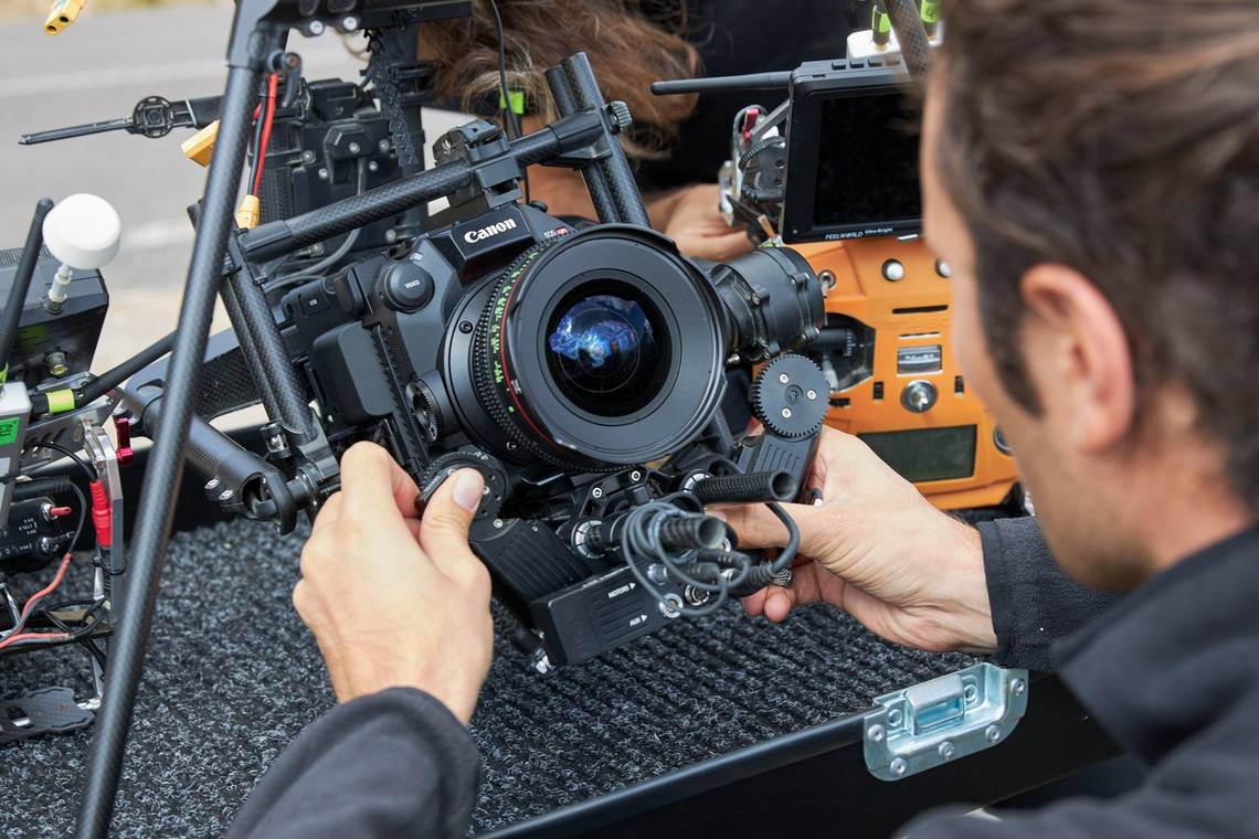 The Canon EOS C500 Mark II being attached to a drone.