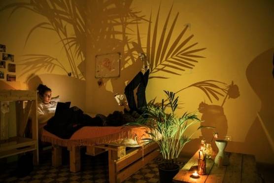 Two young people relax on a palette bed with an orange throw on it. A plant casts dramatic shadows on the yellow walls.