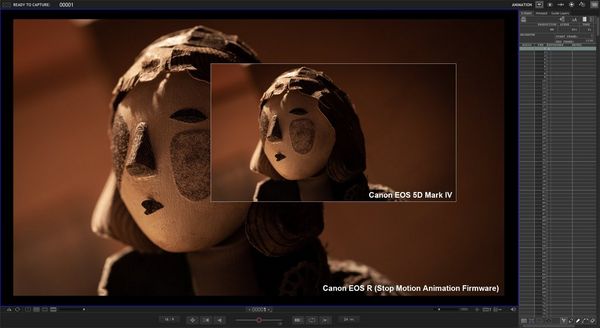 A screenshot of the Dragonframe stop motion animation software demonstrating how the firmware upgrade produces a Live View image that's twice the size of the image from a Canon ֽ_격-.