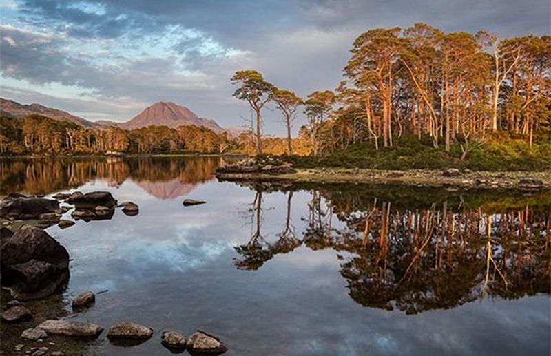 Trees reflect in a lake in Scotland with a mountain in the background