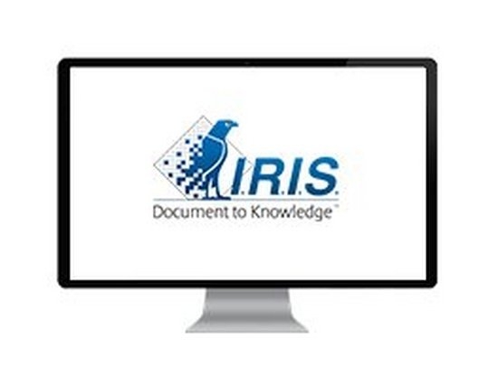 Large desktop computer screen displaying I.R.I.S brand logo with a blue pixelated bird and ‘Document to Knowledge’ text beneath.