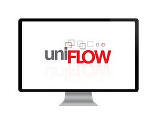 Large desktop computer screen displaying a white background with grey and red uniFLOW brand logo in the middle.