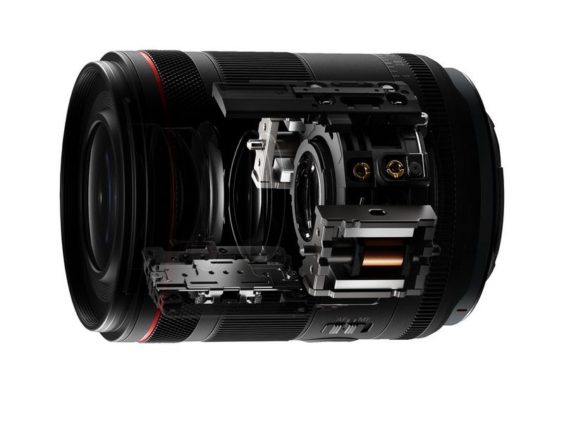 A cutaway view of a Canon RF 35mm F1.4L VCM lens showing internal components, including the Voice Coil Motor (VCM).