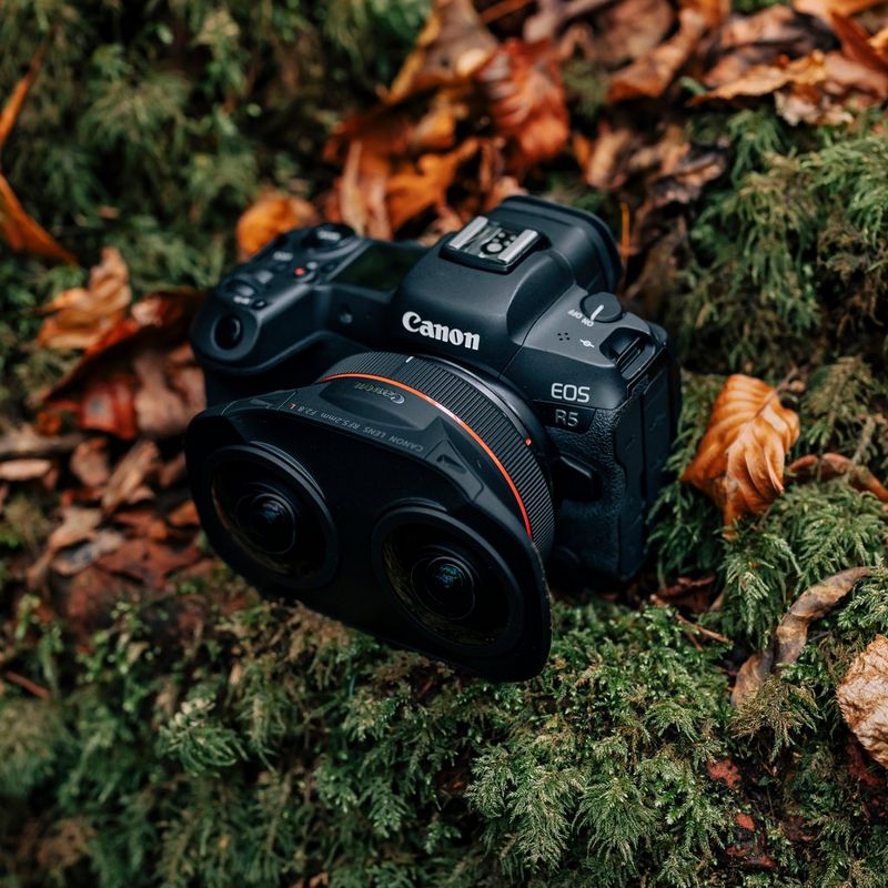 A Canon EOS R5 camera with a Canon RF 5.2mm F2.8L DUAL FISHEYE lens positioned on a mossy surface next to fallen autumn leaves.