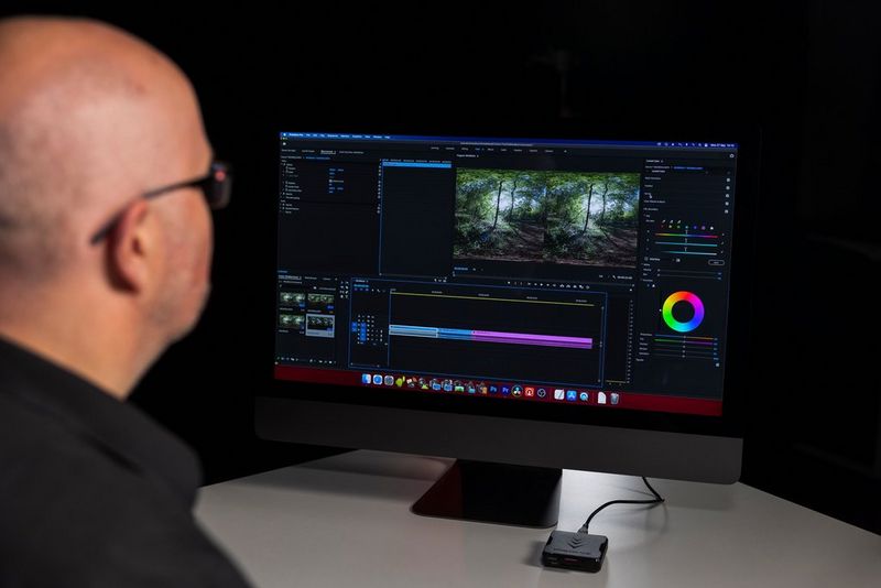 A man looking at a computer screen showing the two images from the lens within an editing program.