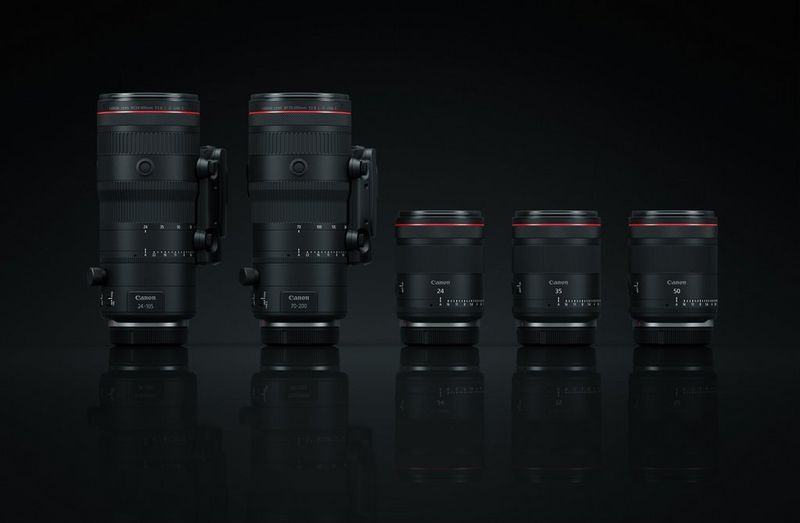 Five Canon hybrid RF lenses pictured against a black background.