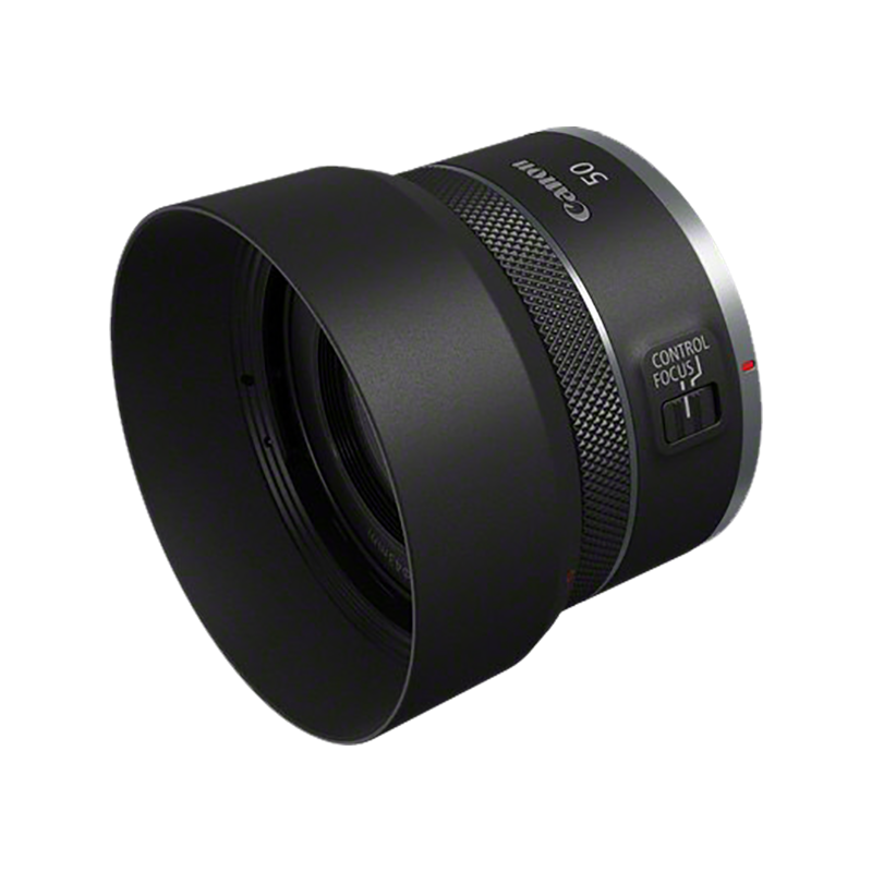 RF 50mm F1.8 STM front slant with hood