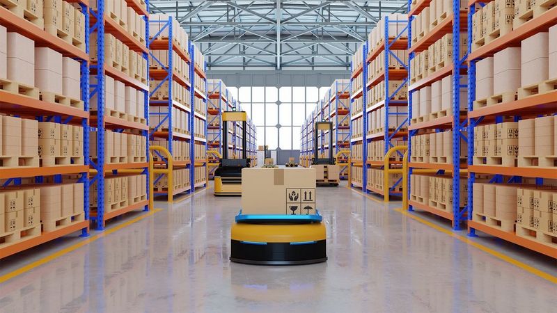 A 3D illustration of a warehouse, with shelves on left and right stacked high with brown cardboard boxes. Moving down the middle, between the shelves, is a yellow and black flat robot with a box on top of it, being transported down aisle.