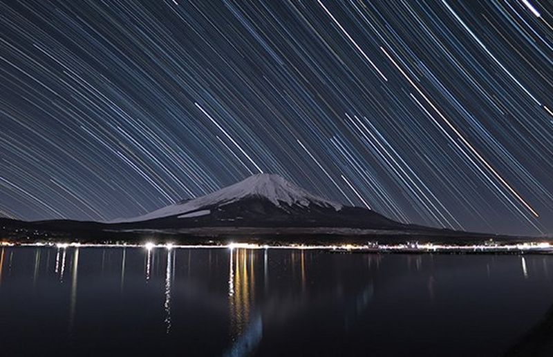 star trails over mountain