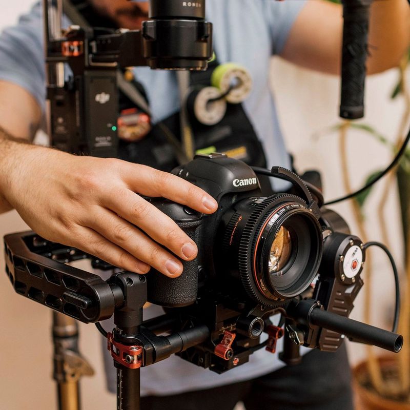 A videographer makes adjustments to a Canon EOS 5D Mark IV on a film set.