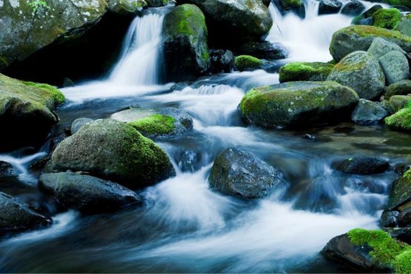 Waterfall going into stream with rocks