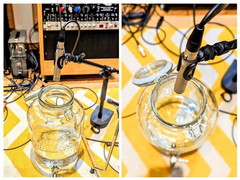 Two images of third filled glass water dispenser jars on a yellow and white geometric tablecloth. Above each jar is a microphone.