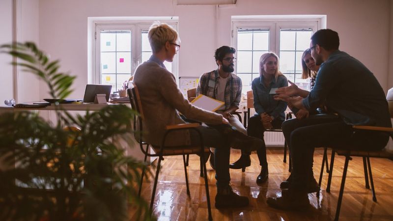 Five people sit on chairs in a circle, talking. Behind them are two windows with the light shining through and there is a green leafy plant in the left foreground.