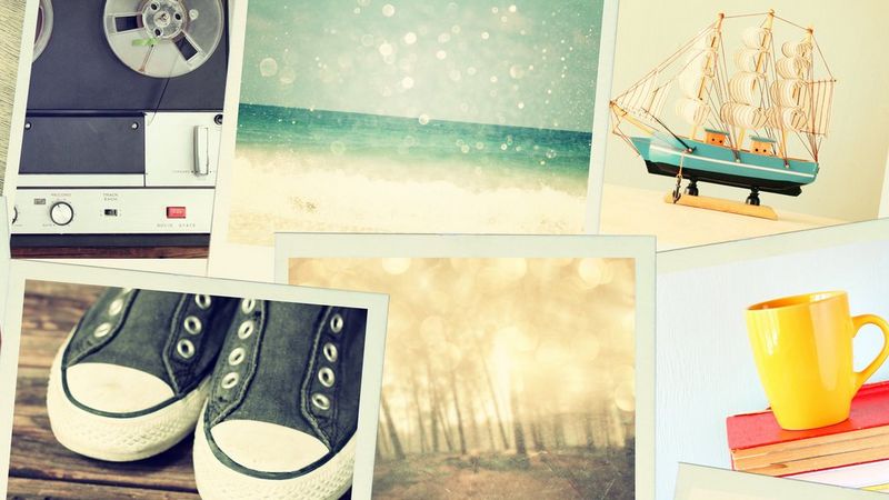 A selection of unrelated colour photographs overlapping. There is a front of a pair of plimsoles, a portion of a tape deck, a foggy woodland, a yellow cup sat on top of a red book, a model of an old fashioned ship and a beach, dappled by rain.
