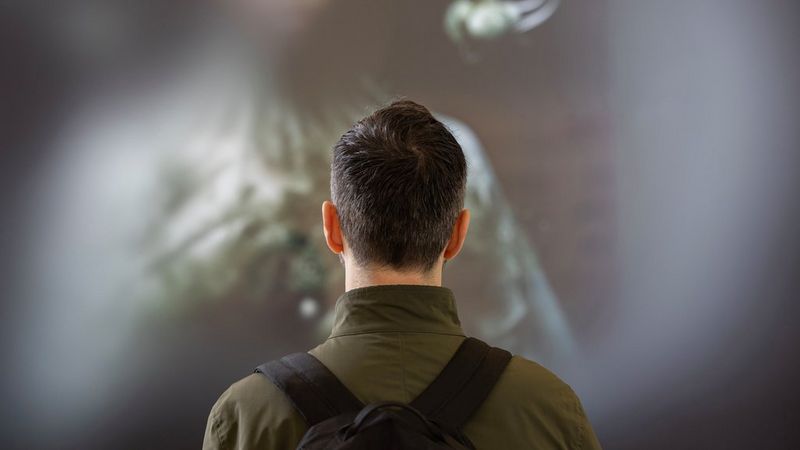 The head and shoulders of a man with short dark hair. He stands with his back to the camera and the top of his black backpack can be seen over his green shirt. He is looking at a huge image in front of him, but the edges are very blurred. The centre of the image appears to be of something green and foliage-like.