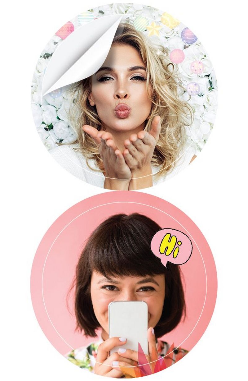 Two circular photo stickers with selfies on them. 