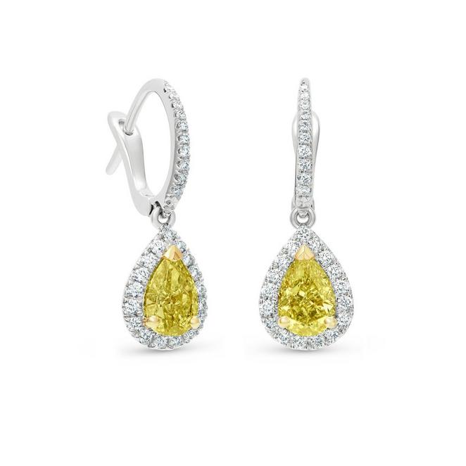 Aura sleeper earrings with fancy yellow pear-shaped diamonds in white and yellow gold