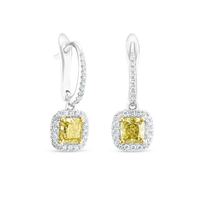 Aura sleeper earrings with fancy yellow cushion-cut diamonds in white and yellow gold