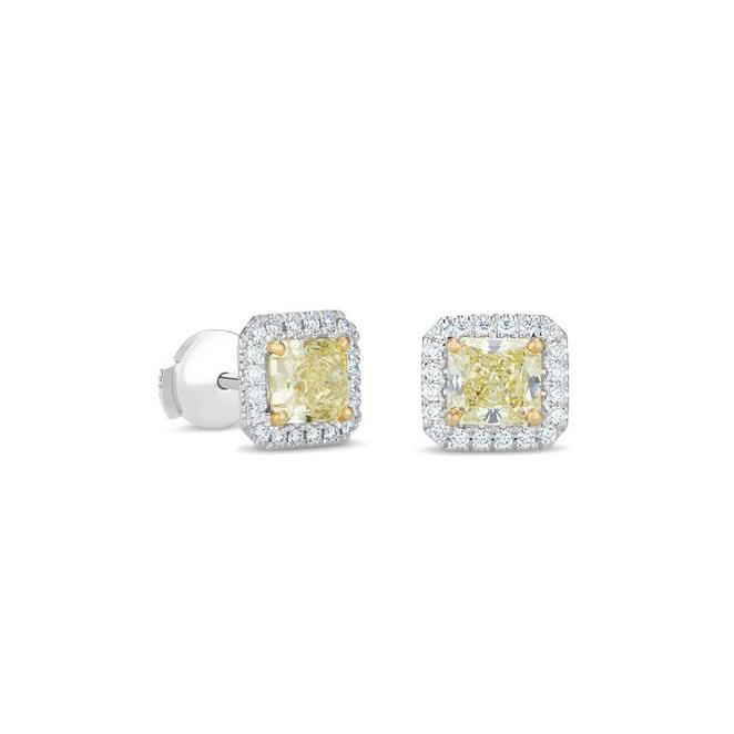 Aura stud earrings with fancy yellow radiant-cut diamonds in white and yellow gold
