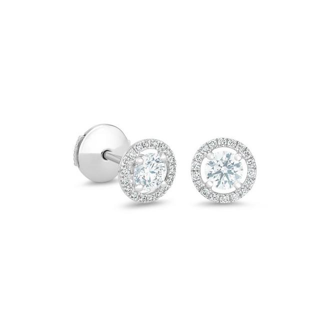 My First De Beers Aura stud earrings with round brilliant diamonds in white gold