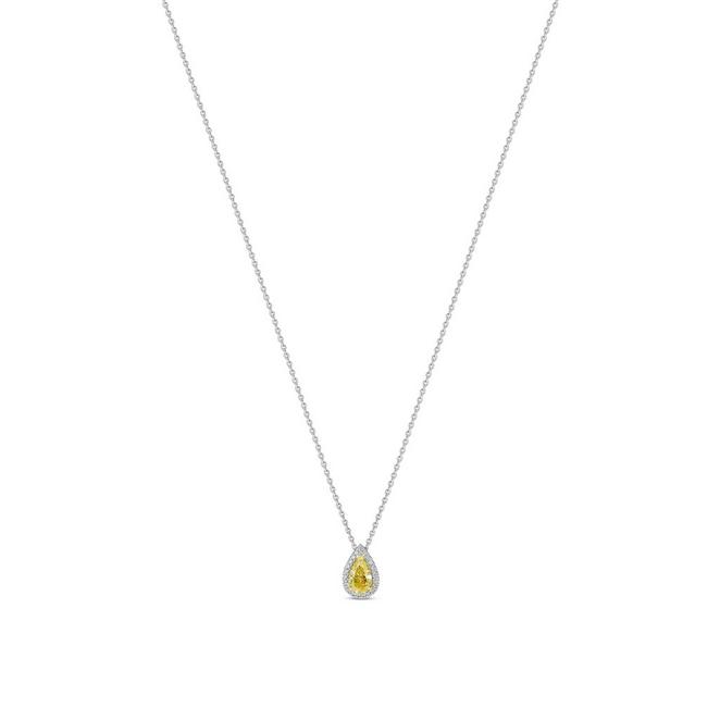 Aura pendant with a fancy yellow pear-shaped diamond in white and yellow gold