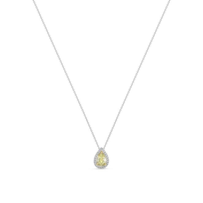 Aura pendant with a fancy greenish yellow pear-shaped diamond in yellow gold and platinum