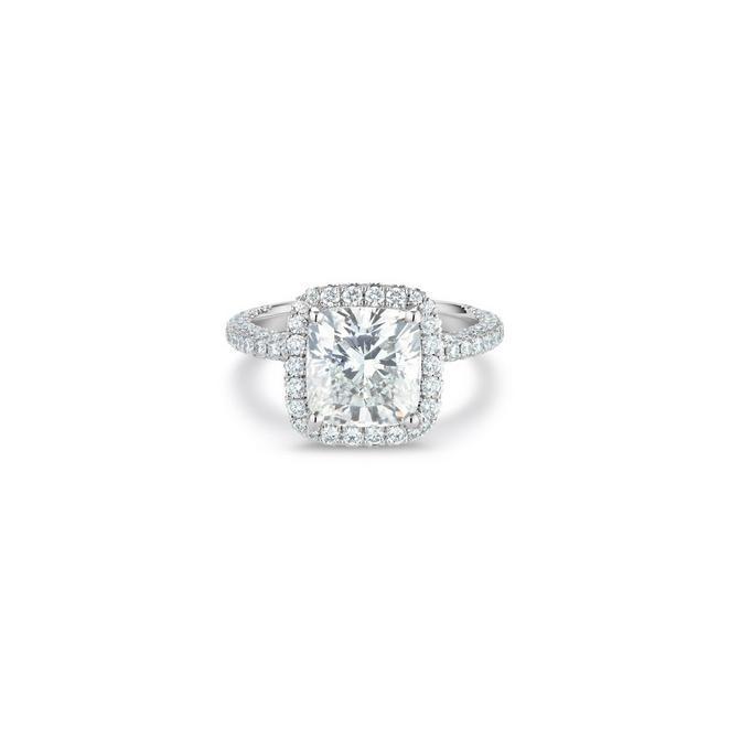Aura solitaire ring with a large cushion-cut diamond in platinum