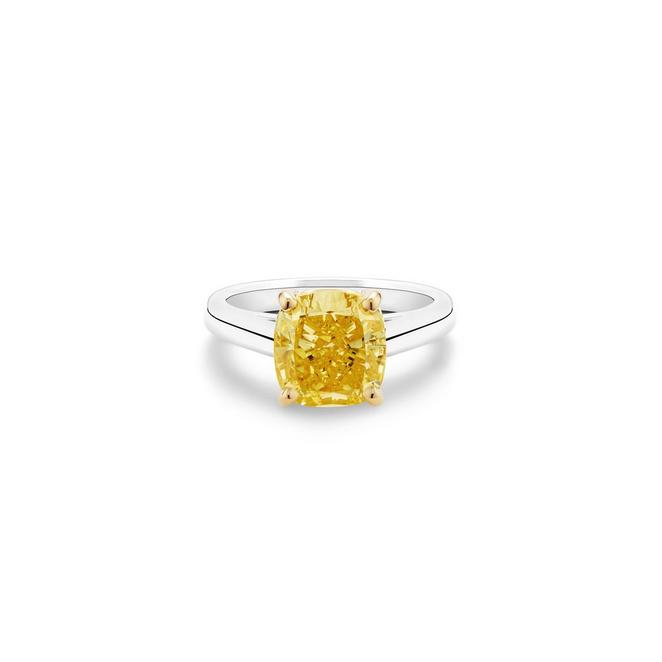 DB Classic solitaire ring with a fancy yellow cushion-cut diamond in yellow gold and platinum