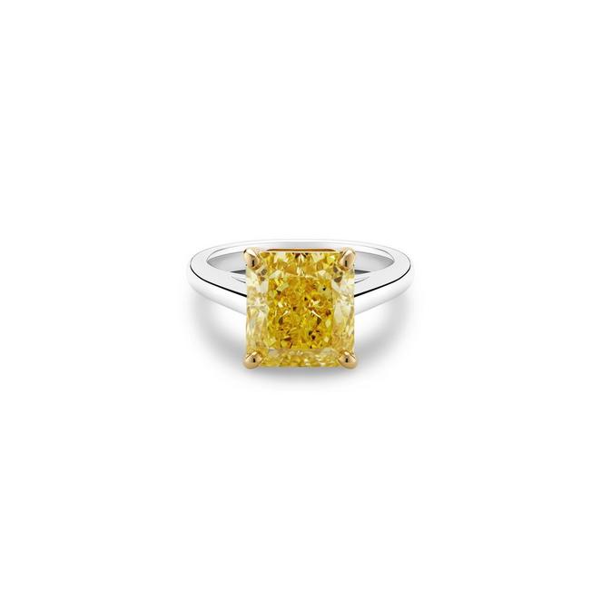 DB Classic solitaire ring with a fancy yellow radiant-cut diamond in yellow gold and platinum