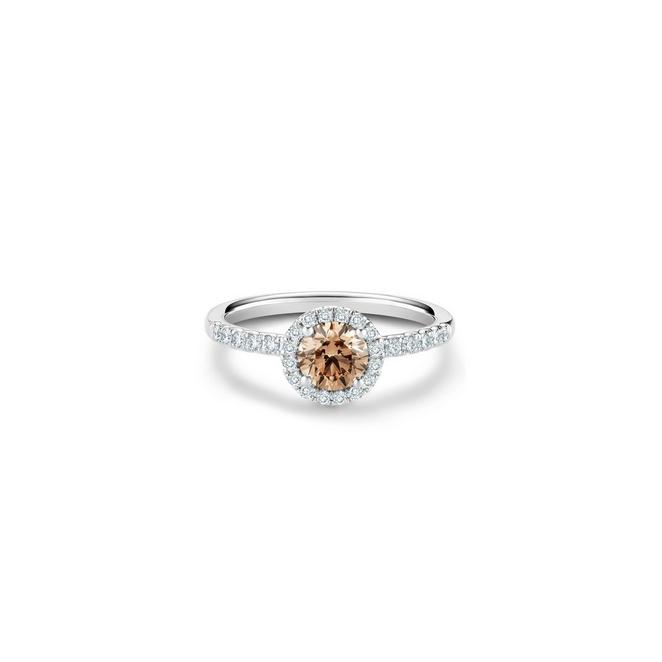 Aura solitaire ring with a fancy brown round brilliant diamond in white gold