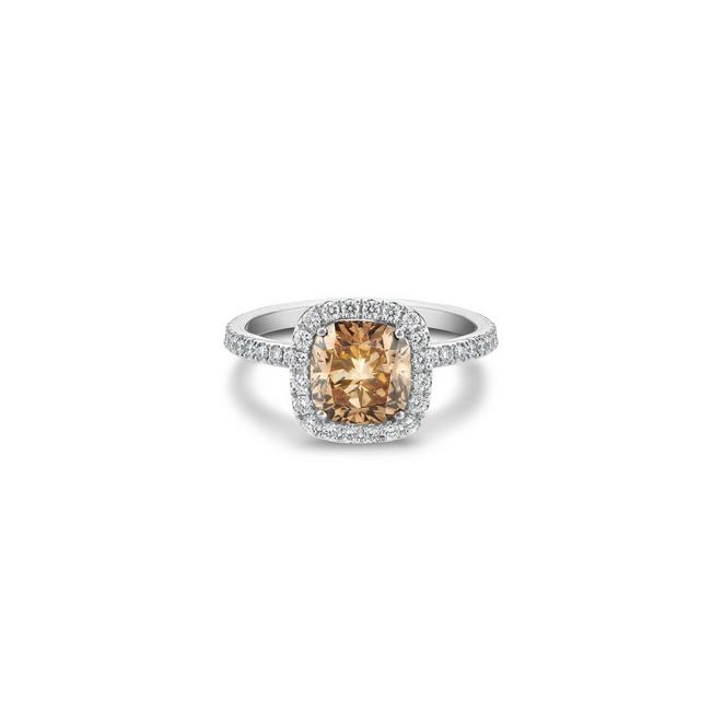 Aura solitaire ring with a fancy brown cushion-cut diamond in platinum