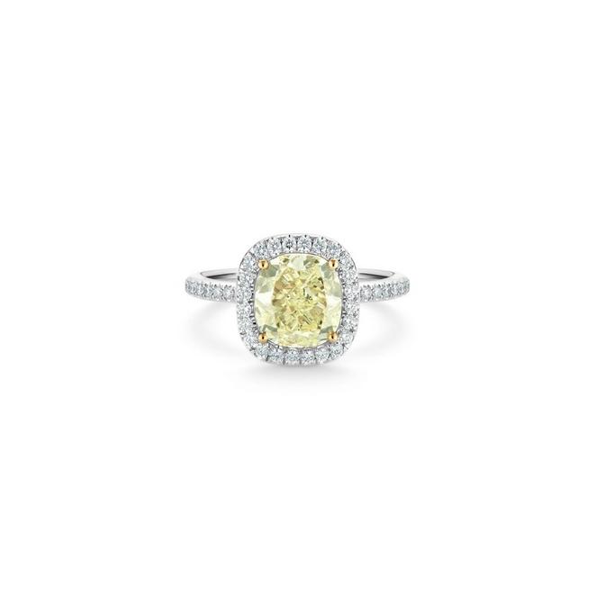 Aura solitaire ring with a fancy yellow cushion-cut diamond in yellow gold and platinum