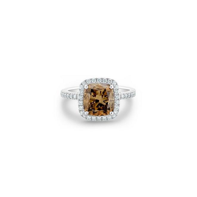 Aura solitaire ring with a fancy brown cushion-cut diamond in white gold