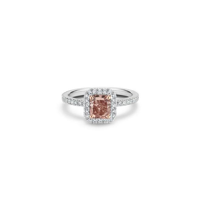 Aura solitaire ring with a fancy brownish pink radiant-cut diamond in rose and white gold