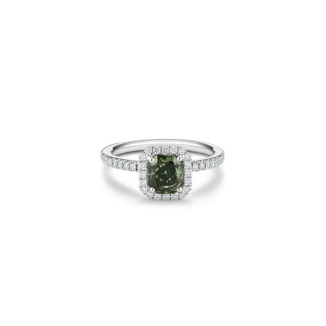 Aura solitaire ring with a fancy deep yellowish green radiant-cut diamond in white gold