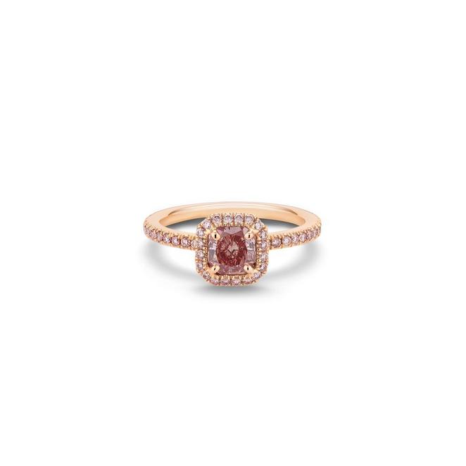 Aura solitaire ring with a fancy intense purplish pink cut corner square diamond in rose gold