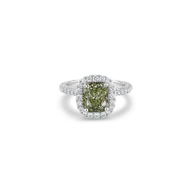 Aura solitaire ring with a fancy yellow cushion-cut diamond in platinum