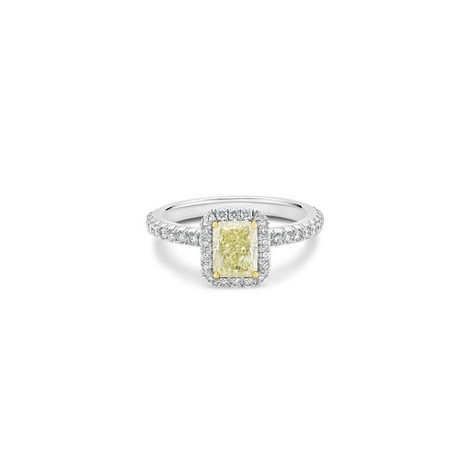 Aura solitaire ring with a fancy yellow radiant-cut diamond in platinum and yellow gold