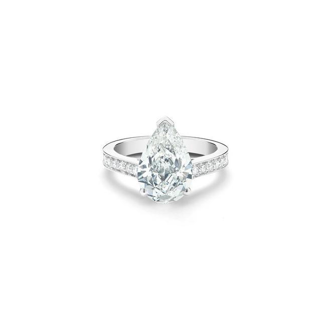 Old Bond Street solitaire ring with a pear-shaped diamond in platinum