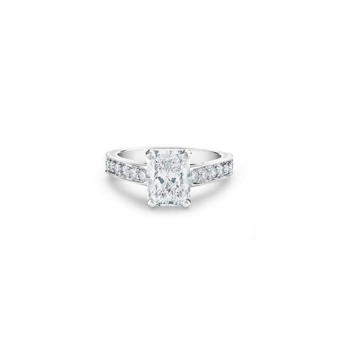 Old Bond Street solitaire ring with a radiant-cut diamond in platinum