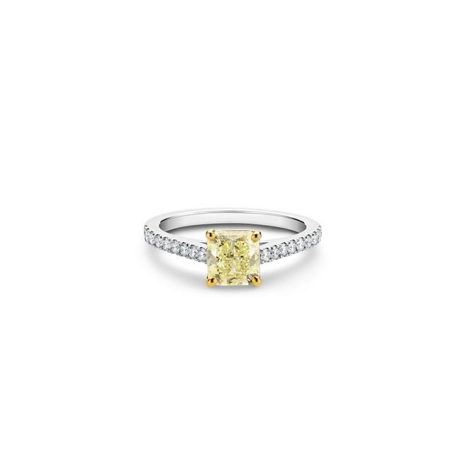 DB Classic Micropavé solitaire ring with a fancy colour radiant-cut diamond in platinum and yellow gold