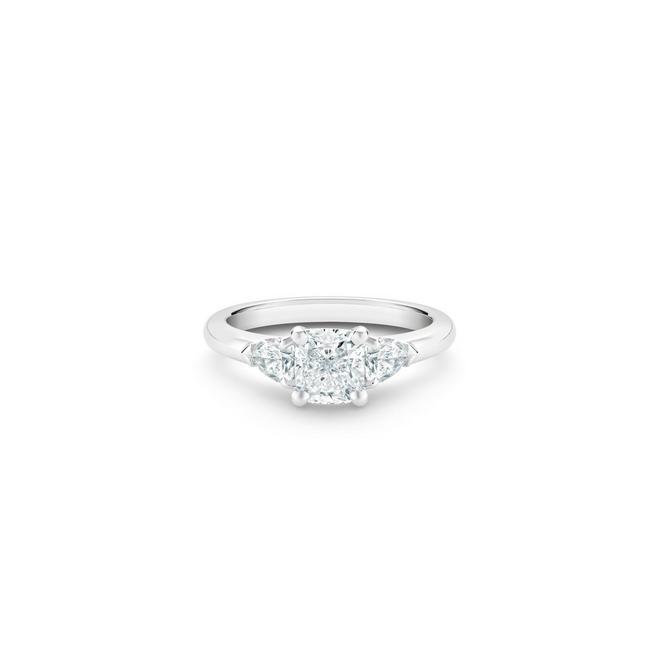 DB Classic solitaire ring with a cushion-cut diamond and pear-shaped side diamonds in platinum