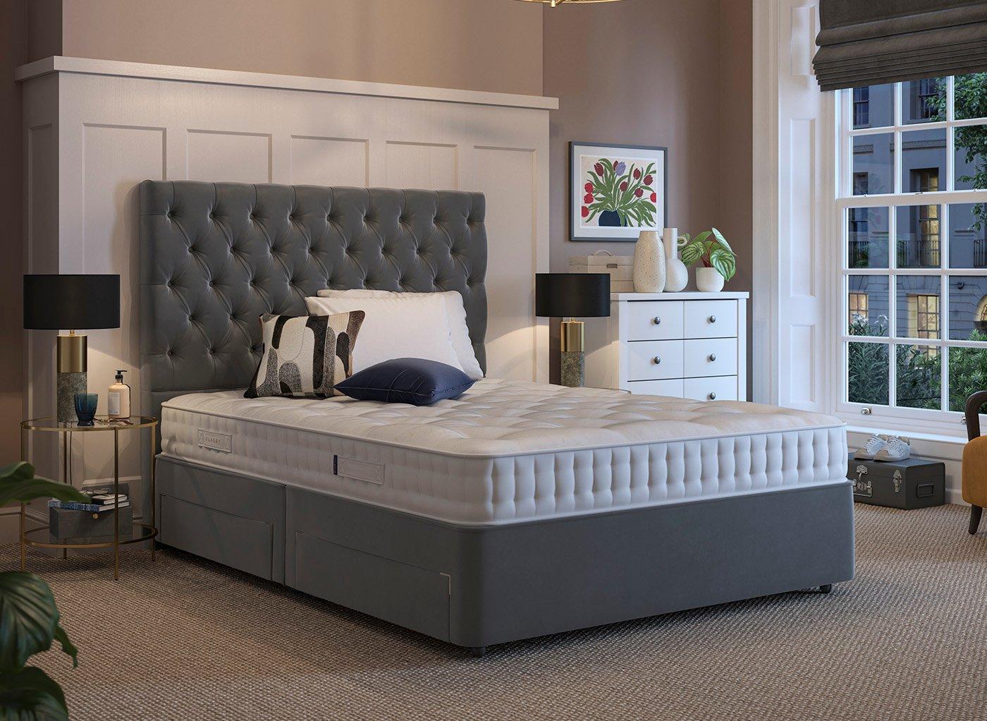 A flaxby bed frame with a flaxby mattress, set in a bedroom