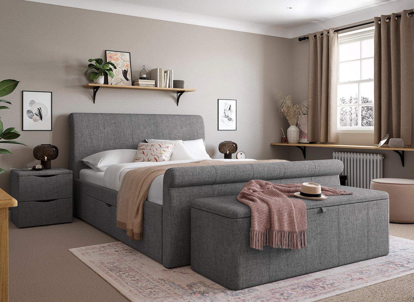 Grey headboard store with brown furniture