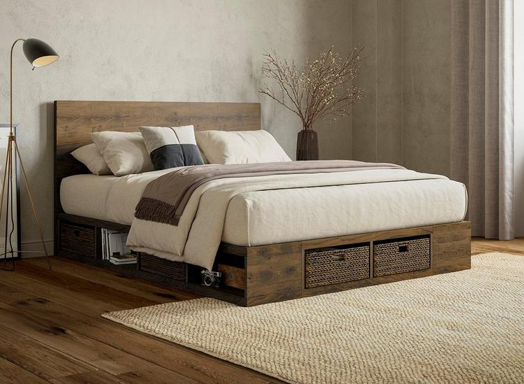 wooden double bed with mattress