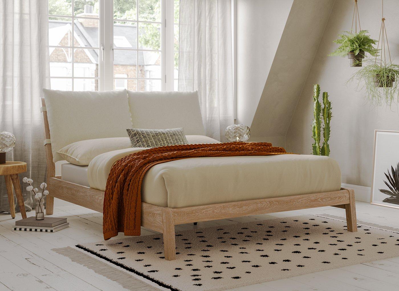 Wood bed frame with cushion deals headboard